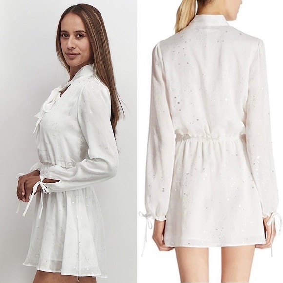 NWT AVEC FILLES Metallic Abstract Print Long Sleeve Tie Neck Ruffle Cuff Dress M - Picture 2 of 8